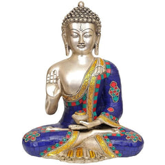 12-inch brass Lord Buddha statue, seated pose, blue mosaic robe and gold accents