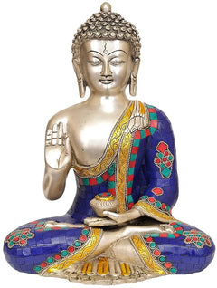 Seated Lord Buddha statue in brass, blue mosaic robe, hands in meditation