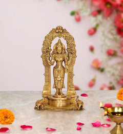 Brass Lakshmi-Laxmi standing idol with ornate arched frame, 9.5 inch home temple murti