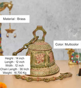 Brass temple hanging bell, multicolor finish, 14 in height with beaded chain