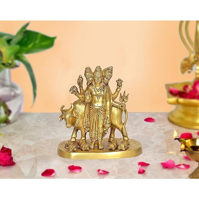 Brass Statue Hindu Trimurti Brahma Vishnu Mahesh Figurine Idol Dattatreya with Auspicious Cow : Lord Shiva Tridev for Home Temple Office Table Shop Height- 8 Inch