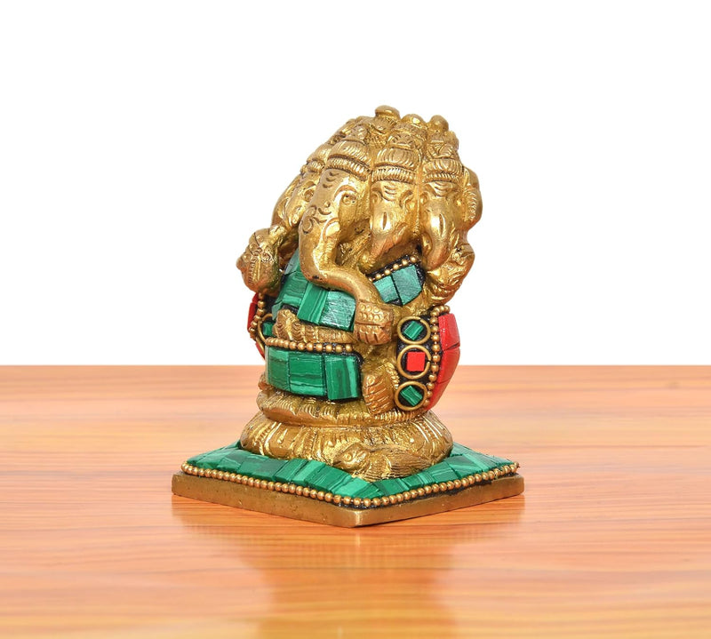 Brass Multicolour Panchmukhi Ganesha Sitting Murti (Height: 3 inch)