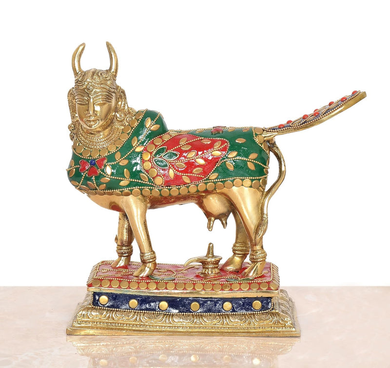 Brass Kamdhenu Cow for Home Decor Pooja Mandir Temple Office Decorative Showpiece Brass Statue (Height: 8.5 Inch)