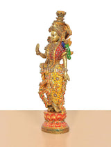 Radha Rani brass statue, side profile with jeweled face and multicolor meenakari dress.