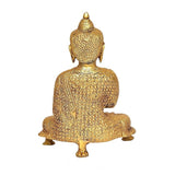 Back view brass Buddha statue seated on ornate base, Abhaya mudra, 9 in