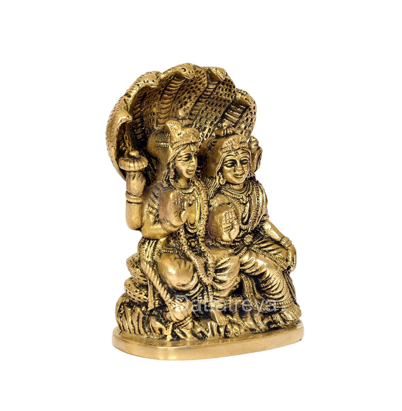 Brass Lord Vishnu with Maa Lakshmi On Sheshnag Idol Statue for Home Decor Temple Pooja - (Height 5 inch)