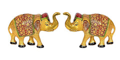 Pair of gold metal elephant idols facing each other, painted patterned panels, 3-inch