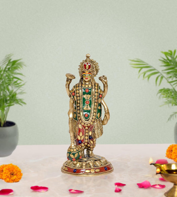 Brass Lord Vishnu Four Armed Standing with Eye Work Statue (Height 7.5 Inch)