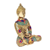 Brass Buddha idol with jeweled pattern on torso and arms, seated with hands in lap