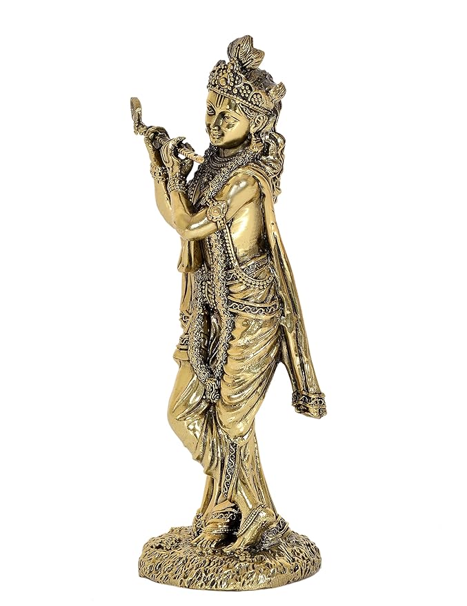 Fine Brass Lord Krishna Idol Figurine Sculpture Playing Flute Statue Decorative Showpiece, (Height 8 Inch)