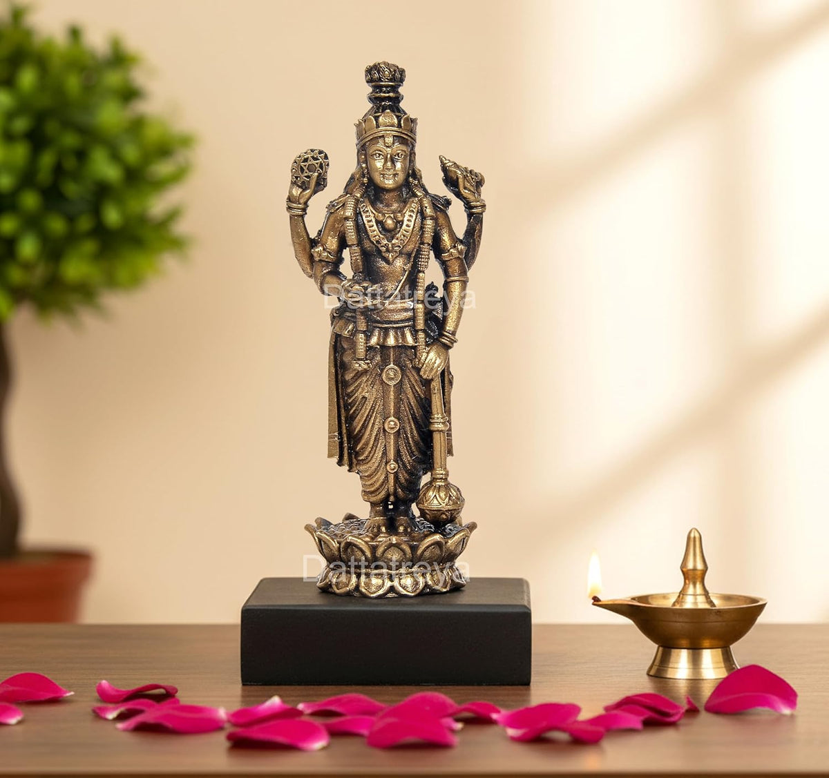 Panchaloha Lord Vishnu standing idol, 5 inch, detailed gold-tone finish on black base