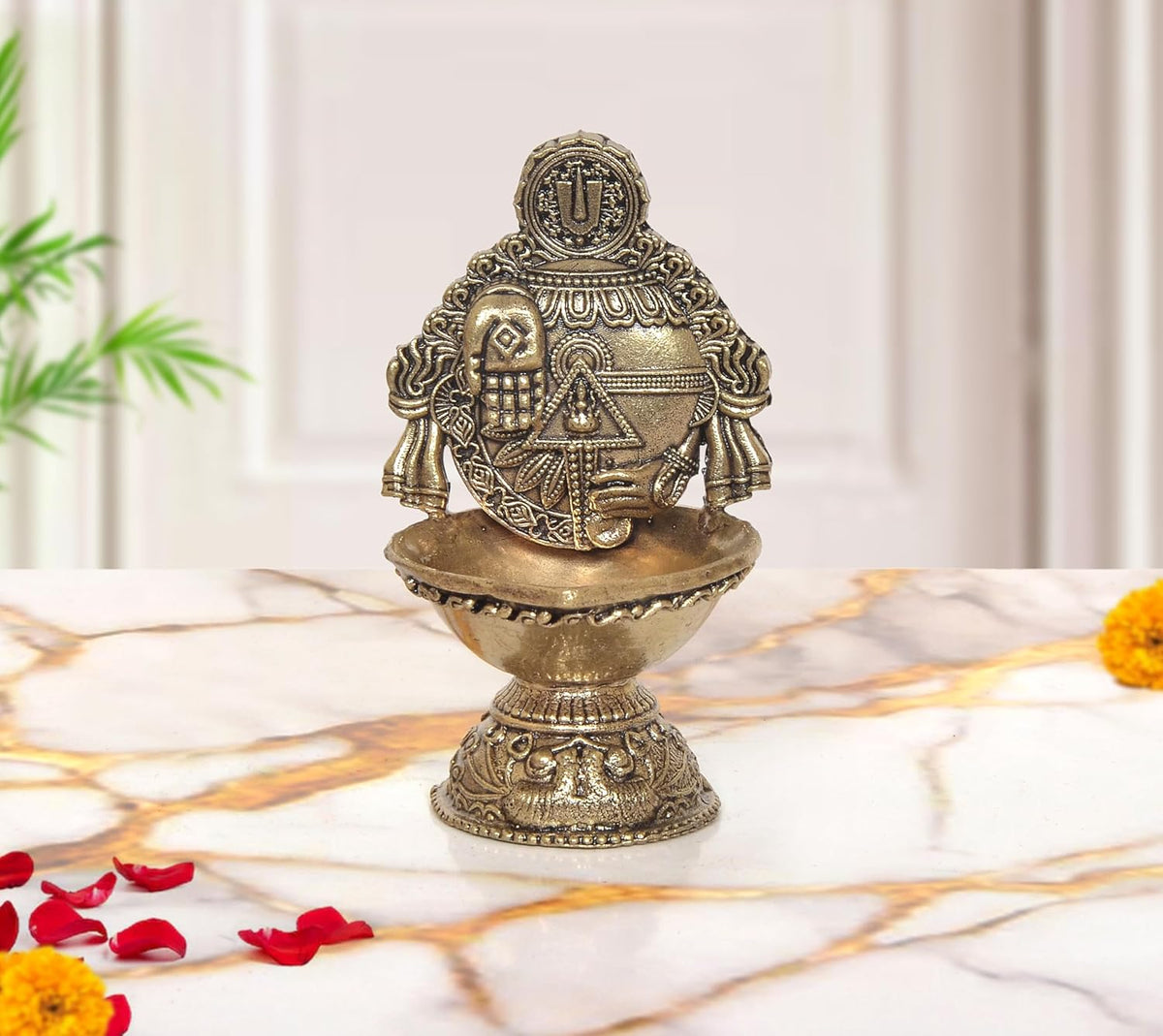 Superfine Brass Oil Lamp Lord Venkateshwara Symbols Figurine (Height:4 Inch)