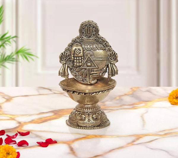Superfine Brass Oil Lamp Lord Venkateshwara Symbols Figurine (Height:4 Inch)