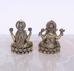 Brass Lakshmi & Ganesha idols, back view with raised hands, lotus bases