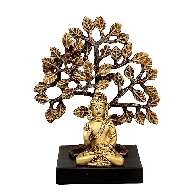 Brass Buddha idol seated beneath tree on wooden base, 7.5 in