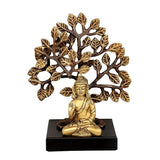 Brass Buddha idol seated beneath tree on wooden base, 7.5 in