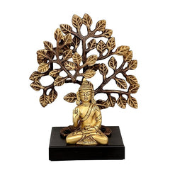 Brass Buddha idol seated beneath tree on wooden base, 7.5 in