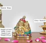 Brass Radha Krishna statue, 3.5 in tall; red and green accents, multicolor jewelry