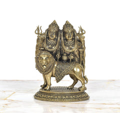 Kaila Devi Chamunda brass statue on lion murti base, side angle