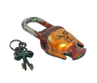 Buddha-shaped padlock with key set, arched loop, red-and-gold body