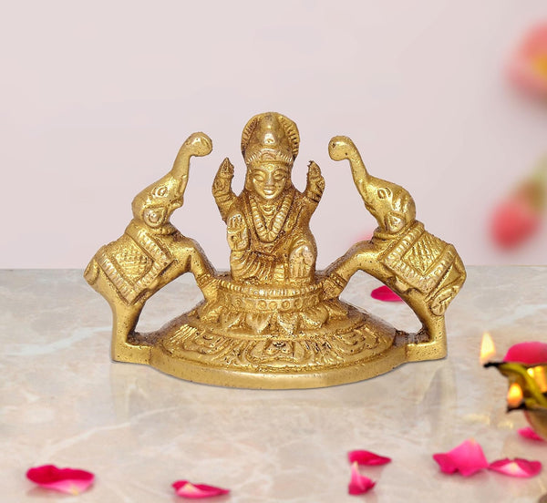 Brass Gaja Lakshmi Statue Laxmi with Elephants Home Temple Office Figurine Showpiece (Height 2.5 Inch)