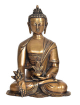 AONA brass Buddha statue, front view, dhyan mudra, ornate robe and lotus seat