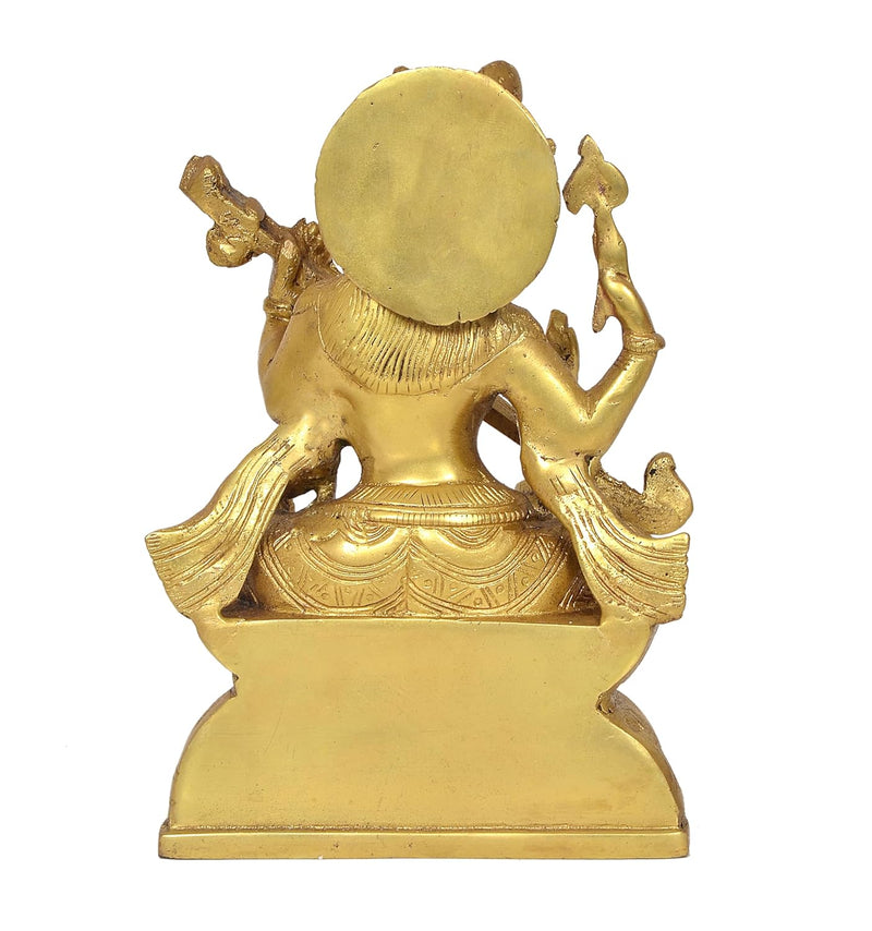 Brass Maa Saraswati Statue - Handcrafted Hindu Goddess Saraswati Idol for Home Decor and Pooja (Height 8 Inch) (Golden)
