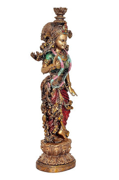 Radha Rani resin idol, three-quarter view with ornate crown and multicolor dress