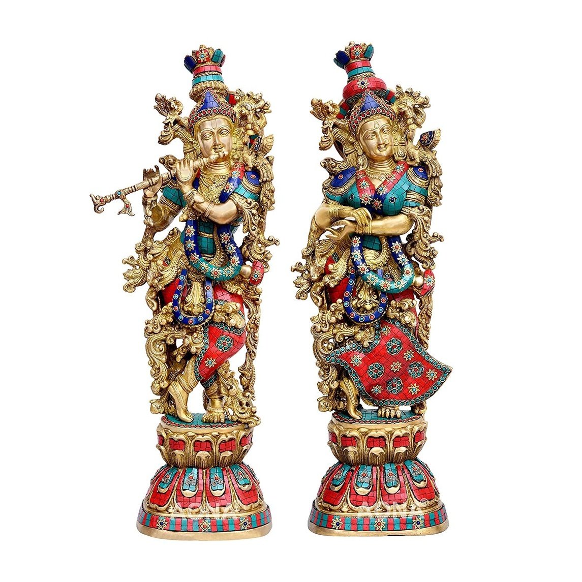 AONA Messing Radha-Krishna Skulptur, blau-rote Gewänder, stehendes Paar nebeneinander