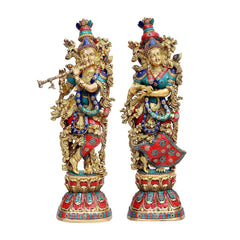 AONA Messing Radha-Krishna Skulptur, blau-rote Gewänder, stehendes Paar nebeneinander