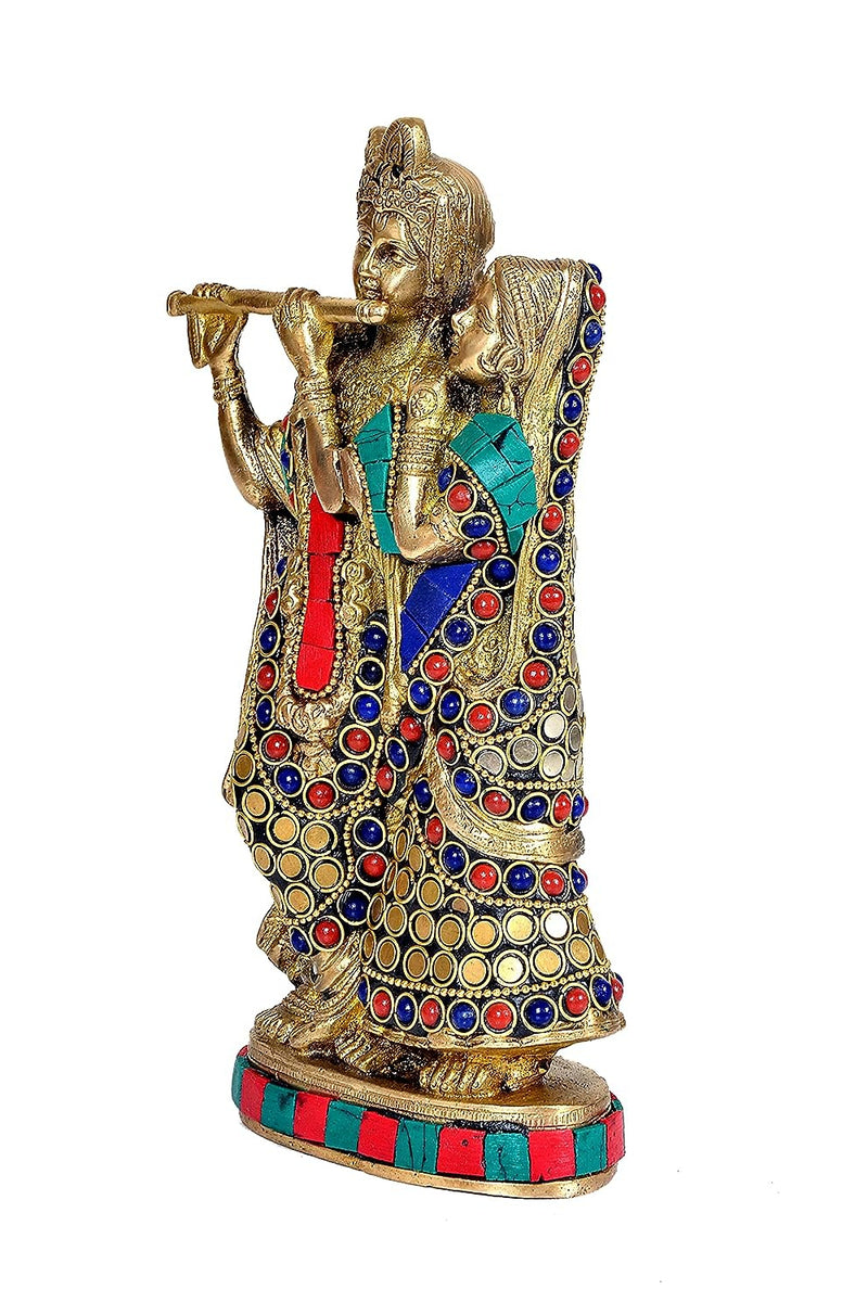 Divine Multicolour Brass Radha Krishna Idol with Exquisite Stone Work - 8.5 Inches