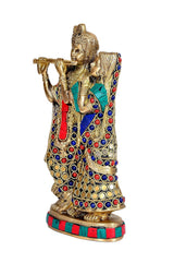 Brass Radha Krishna idol with stone inlay; Krishna flute gesture, Radha draped gown.
