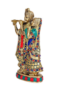 Brass Radha Krishna idol with stone inlay; Krishna flute gesture, Radha draped gown.