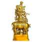 Brass Large Size Murli Krishna with a Cow on a Carved Pedestal Height 28 Inch (Gold)