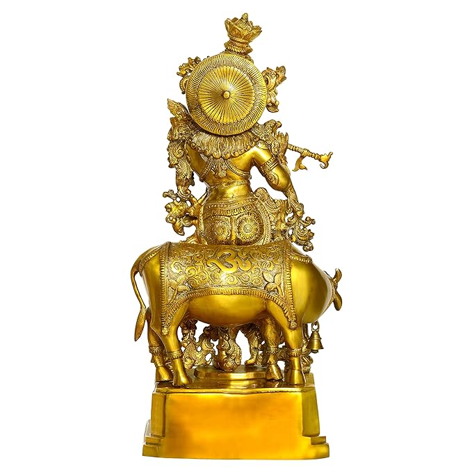 Brass Large Size Murli Krishna with a Cow on a Carved Pedestal Height 28 Inch (Gold Bronze)