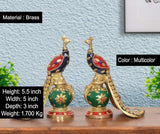 Brass peacock sculptures (2-pack), multicolor enamel bodies with green floral base