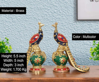Brass peacock sculptures (2-pack), multicolor enamel bodies with green floral base