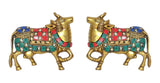 Brass cow statues pair with colorful blue red teal saddle ornaments