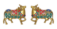 Brass cow statues pair with colorful blue red teal saddle ornaments