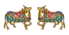 Brass cow statues pair with colorful blue red teal saddle ornaments
