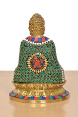 Back view of multicolour brass Buddha statue, jeweled robe pattern and base