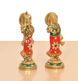 Brass Radha Krishna idol set, rear/angled view, gold ornaments and red/green paint, 5.5 in