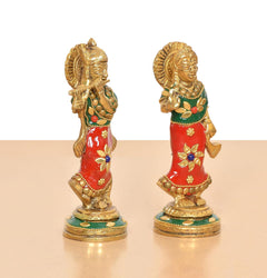 Brass Radha Krishna idol set, rear/angled view, gold ornaments and red/green paint, 5.5 in