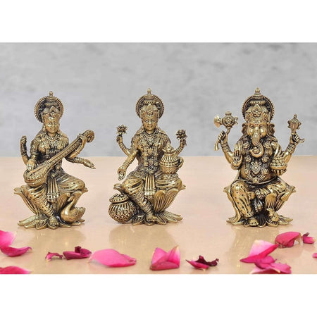 Superfine Brass Lakshmi Ganesha Saraswati Idol (Height 4 Inch)