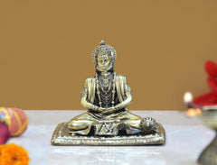Brass Hanuman idol statue, seated meditating pose with detailed crown and jewelry
