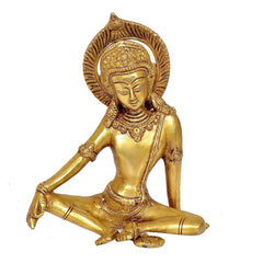 Seated Indra brass statue with engraved jewelry and lotus legs, gold tone