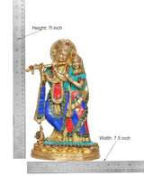 Brass Radha-Krishna idol statue, 11 in height and 7.5 in width, jeweled garments