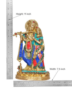 Brass Radha-Krishna idol statue, 11 in height and 7.5 in width, jeweled garments
