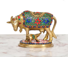 Brass Kamdhenu cow with calf figurine, multicolor beaded detailing, angled front