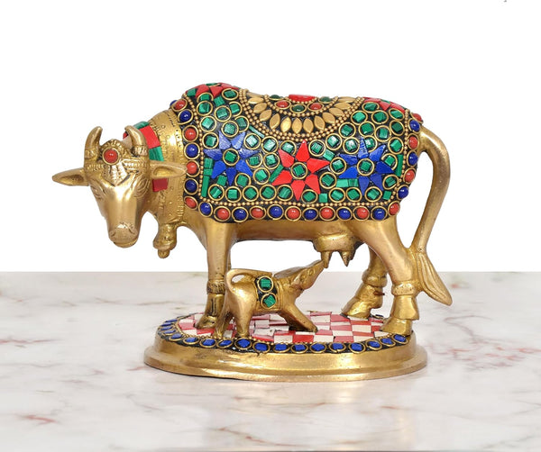 Brass Kamdhenu Cow with Calf Showpiece (Height: 5 inch) Study Setting
